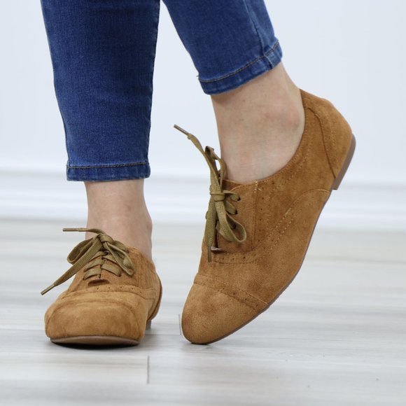 Tan Faux Suede Lace up Flat Heel Oxford Style Shoes - Picture 10 of 12